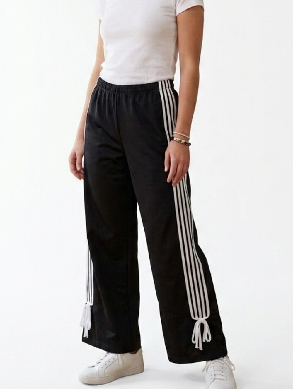 Cali 1850 Los Angeles Black Track Pants White Stripe Side Tie Wide Leg Size M - Picture 1 of 11